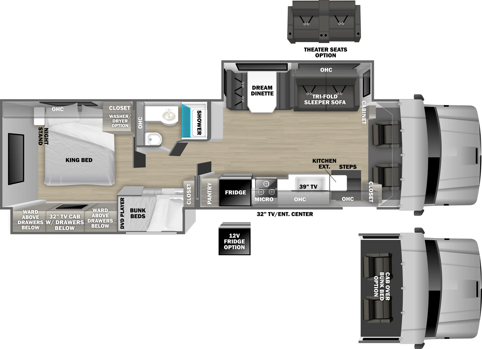 The DX3 37BD floorplan has one entry and two slide outs. Exterior features include: 13'6" awning and outside entertainment. Interiors features include: bunk beds, rear bedroom and bunk over cab.